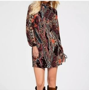 Free People All Dolled Up Mini Dress Paisley multi long sleeve high neck sz M